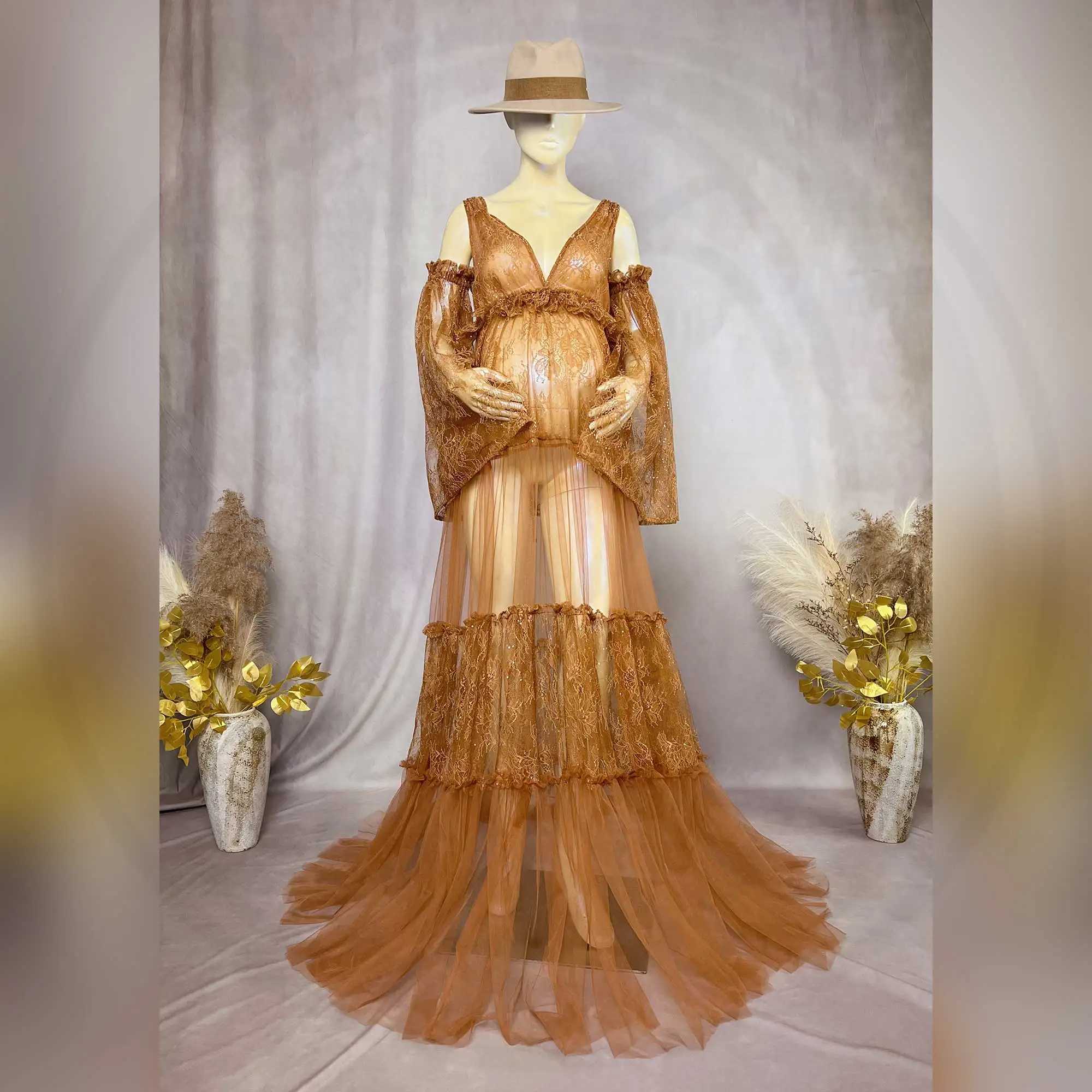 Don Judy Dresses for Pregnant Women Maternity Clothing V-Neck Dress with Sequin and Lace Patchwork Tulle Photography Apparel X250224