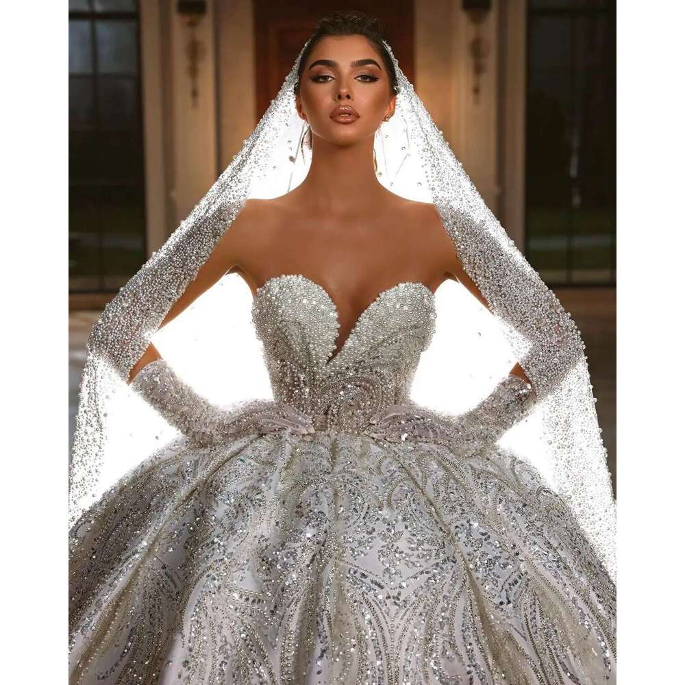 Sweetheart Beads Ball Gown Sexy Wedding Lace Bridal Dresses Glitter Fringed Mariee Robe
