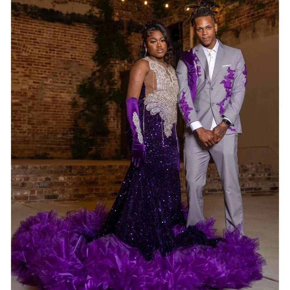 Purple Ruffles Long Prom Dress For Black Girls Mermaid Sequins Crystals Birthday Party Dresses Women Evening Gown Customized al0311