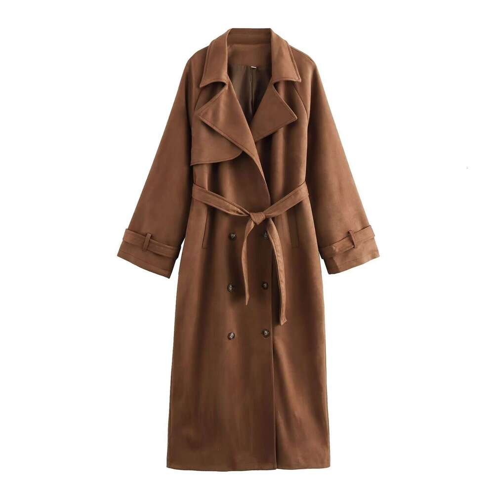 Women's Clothing 2024 Autumn And Winter New Item Pointed Collar Double Row Buckle With Belt Loose Windbreaker Jacket