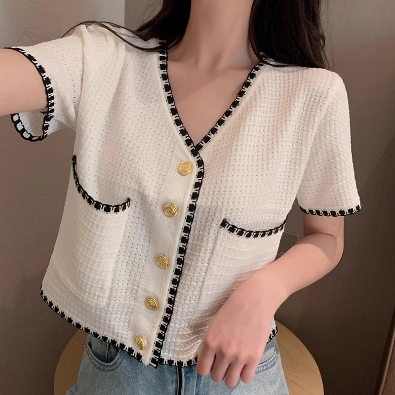 Summer Women Solid VNeck Casual Crop Top Singlebreasted Pocket Patchwork Cardigan Versatile Loose Short Sleeve Shirts 250311