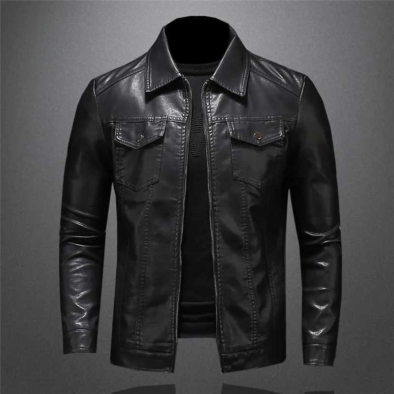 Mens Motorcycle Leather Jacket Large Size Pocket Black Zipper Lapel Slim Fit Male Spring and Autumn High Quality Pu Coat M-5XlT250311