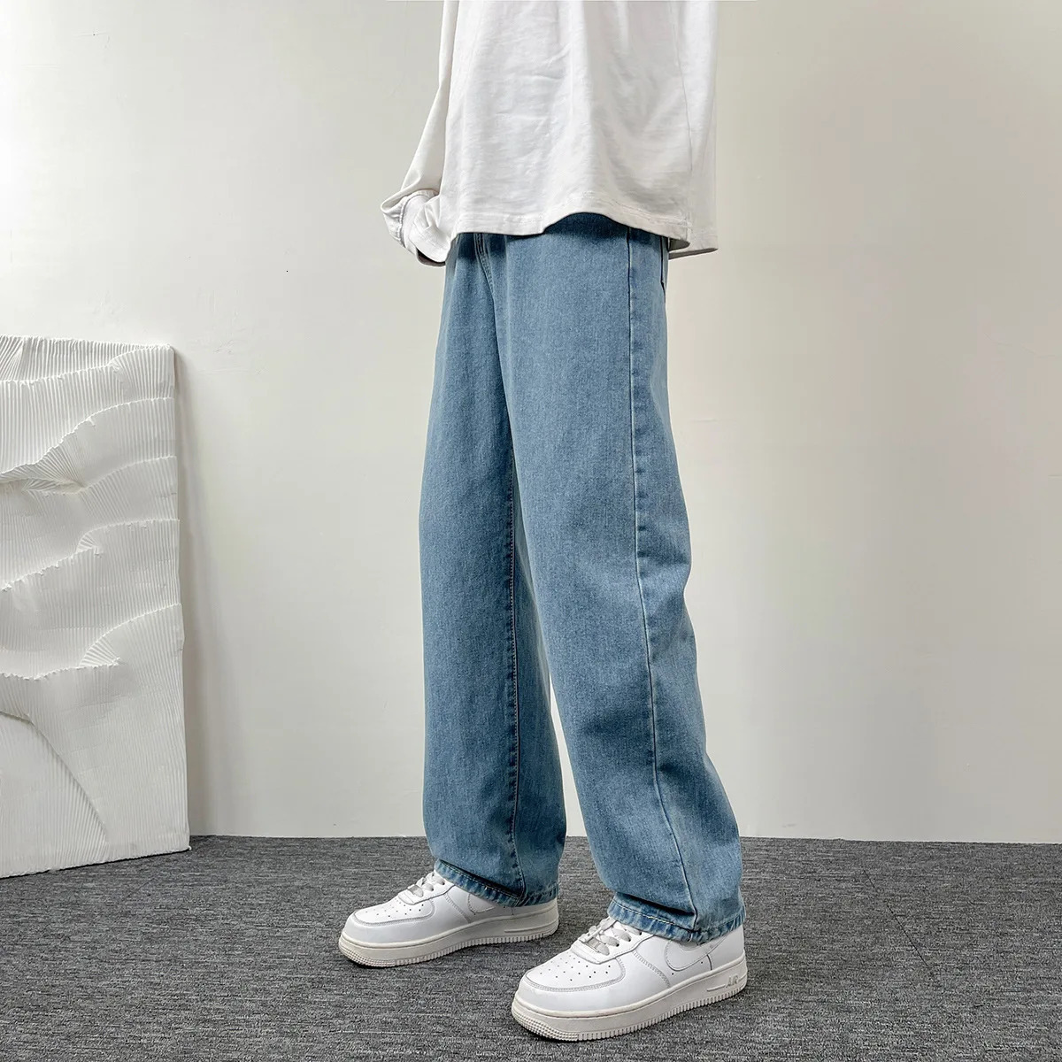 Mens Casual Jeans | Korean Euro US Style Straight Wide Leg Denim Pants Solid Color Trendy n 250311