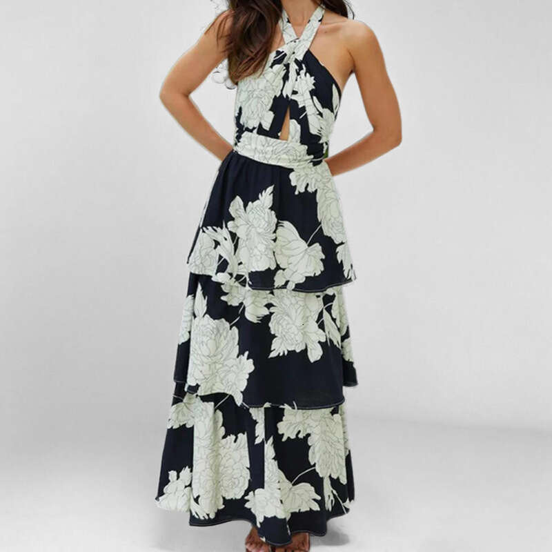2025 Spring New Women's Clothing Elegant Printed Neck Strap Dress For Women KLMY