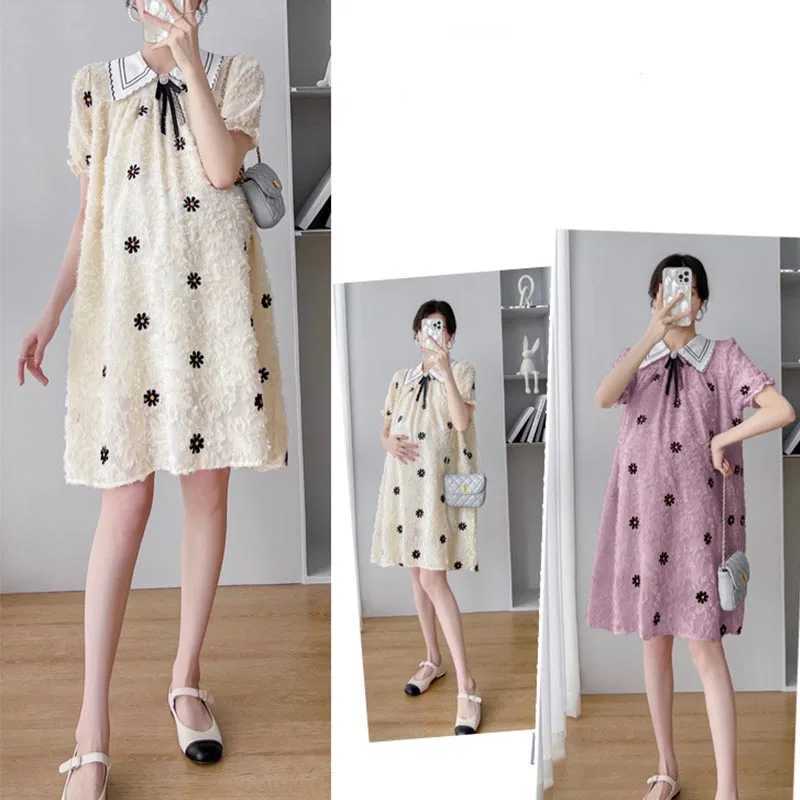 Summer Korean Fashion Maternity Dress Beading Ruffle A Line Loose Clothes for Pregnant Women Sweet Pregnancy ClothingT250311