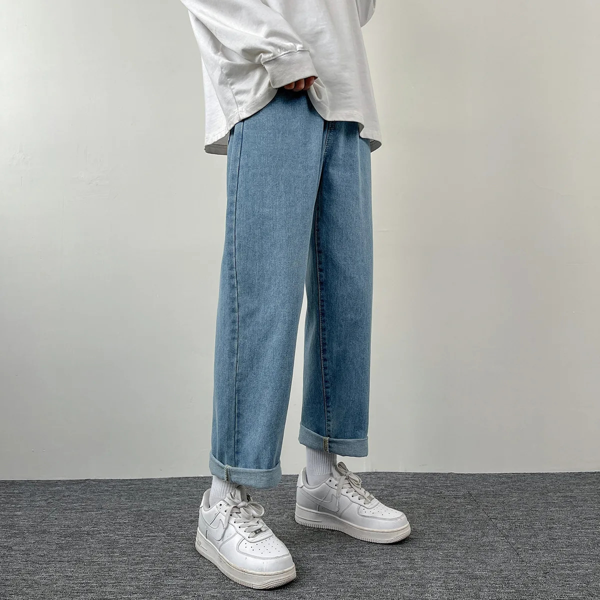 Mens Casual Jeans | Korean Euro US Style Straight Wide Leg Denim Pants Solid Color Trendy n 250311