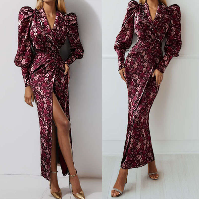 Women's 2025 Printed Waist Cinching V-Neck Slit Sexy Sleeved Dress Long Skirt KLMY