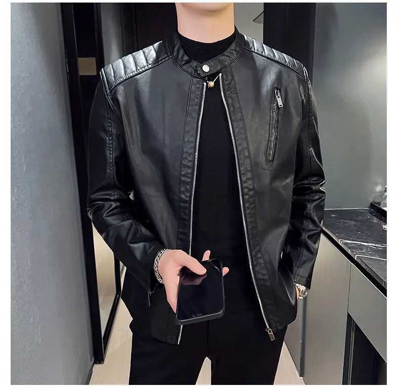 Autumn Winter Man Leather Jacket Thin Simple Solid Stand Collar Men Coat Motorcycle Punk Long Sleeve Zipper Outerwear For MaleT251204
