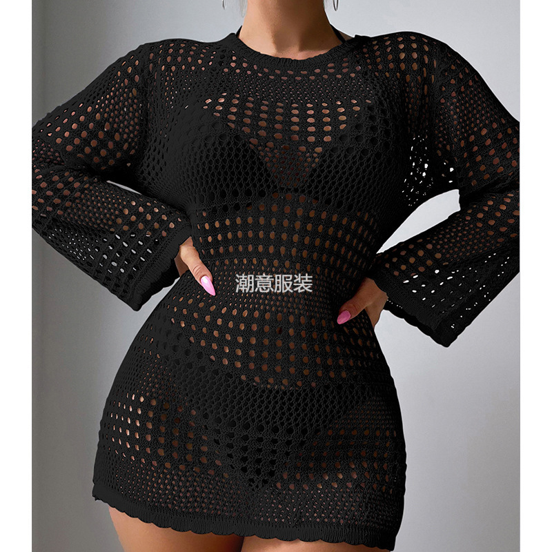 New Vacation And Leisure Hollow Long Sleeve Pullover Solid Color Fashion Sunscreen Shirt Mid Length Beach Cover