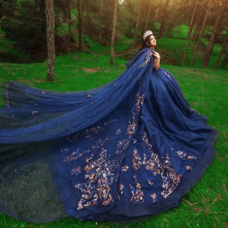 Navy Blue Shiny Quinceanera Dresses Ball Gown Off The Shoulder Sequin Applique Lace Beads Tull With Cape Party Birthday Sweet 16 Dress Vestidos 15 De 