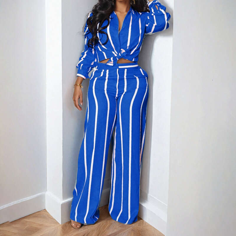 2025 Spring New Women's Printed Striped Shirt Top Pants Set For Women KLMY