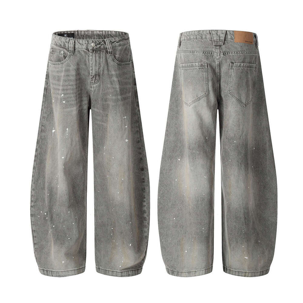 Jiayiku Men's 2025 New American High Street Inkjet Washed Curved Knife Jeans Vibe Wide Leg Pants