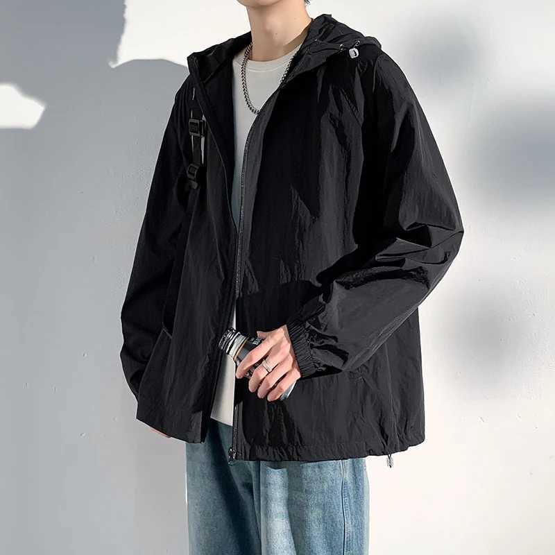 Summer Hooded Thin Jacket Men Waterproof Sun Protection Clothing Full Zipper Quick Dry Skin Black Windbreaker CoatT250311