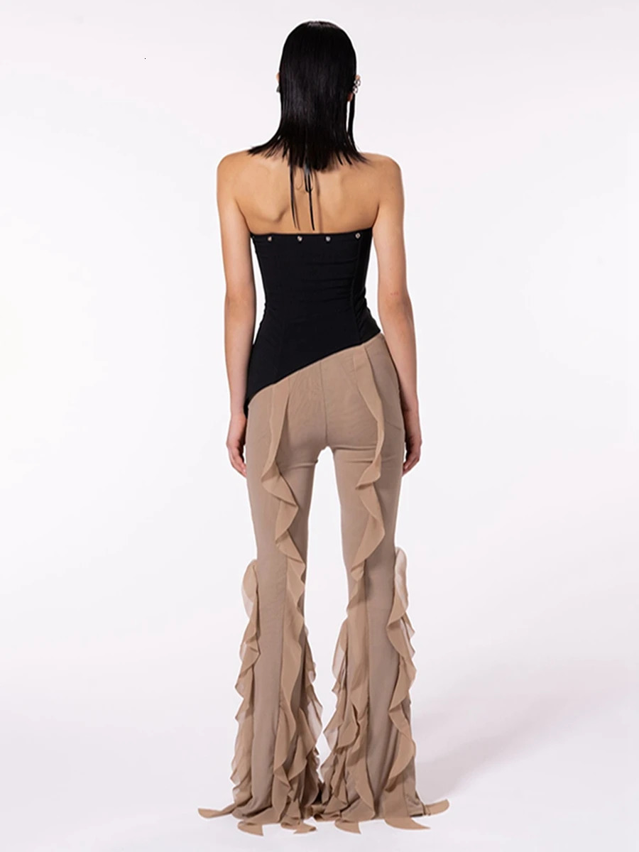 Womens solid color low rise elastic bell bottom mens pants pleated flame n fashionable streetwear fashionable appearance 250305