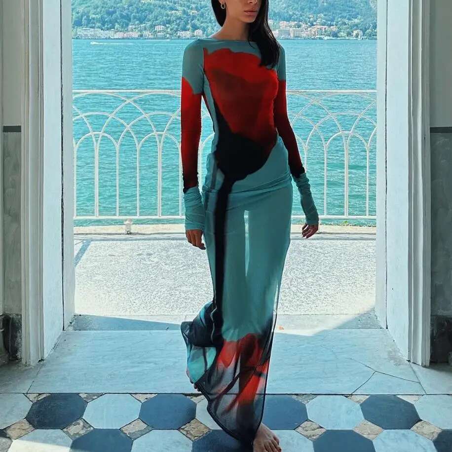 Sexy Womens Slim Fit Sheer Mesh Long Sleeve Ral Print Beach Dress Side Split Bikini Cover-Ups
