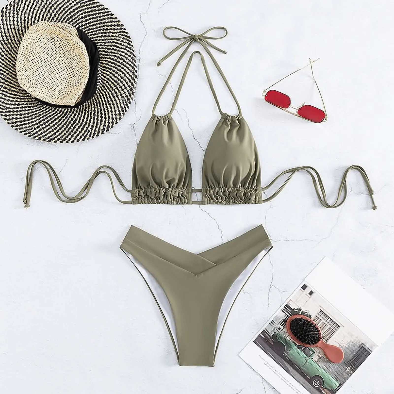 Bathing Suit Tank Bikinis Sets Swimwear 2023 Women Mid Waist Deep V Neck Wide Straps Bikini Summer Beach Wear Swimming swimsuit T250602