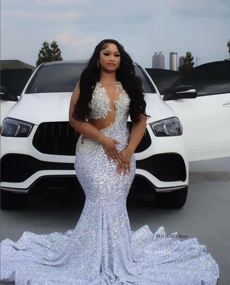 2025 Elegant Sier Mermaid Evening Dresses For Women Sparkly Dia Crystal Black Girl Long Formal Prom Reception Gown