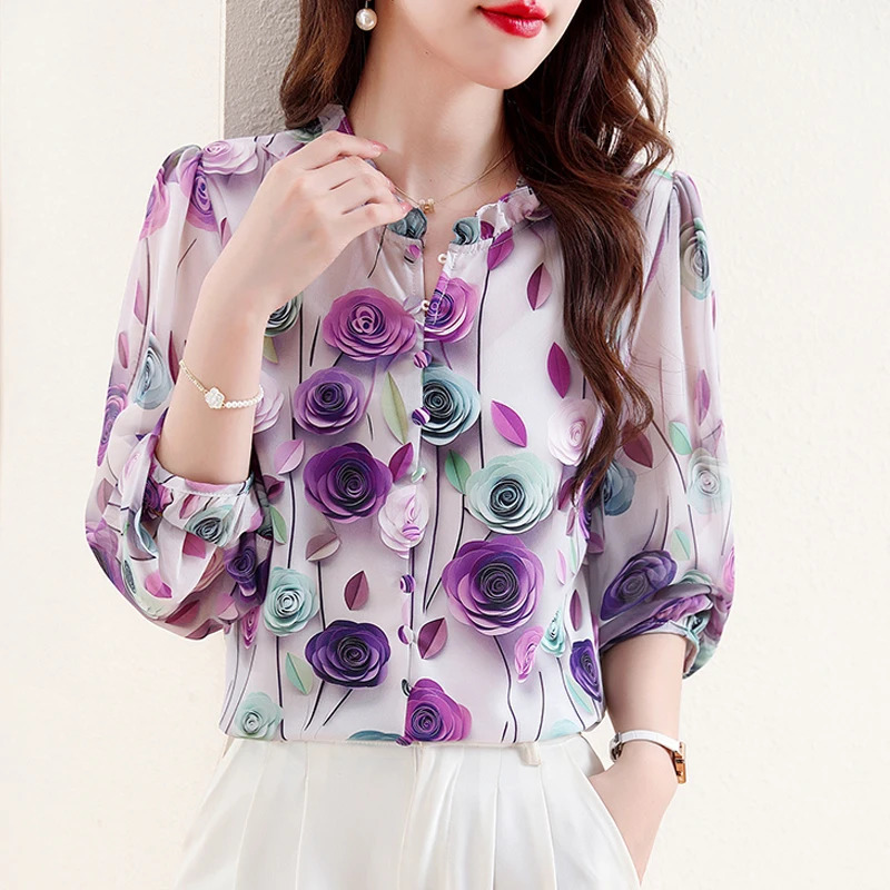 Fashionable 3D rose printed chiffon shirt for spring and summer floral with pleated collar 34 sleeves womens top 250311