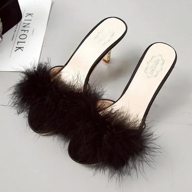 Summer Womens Slippers Stiletto Sandals Party Womens Flip-flops High Heels Furry Mule Shoes 250311