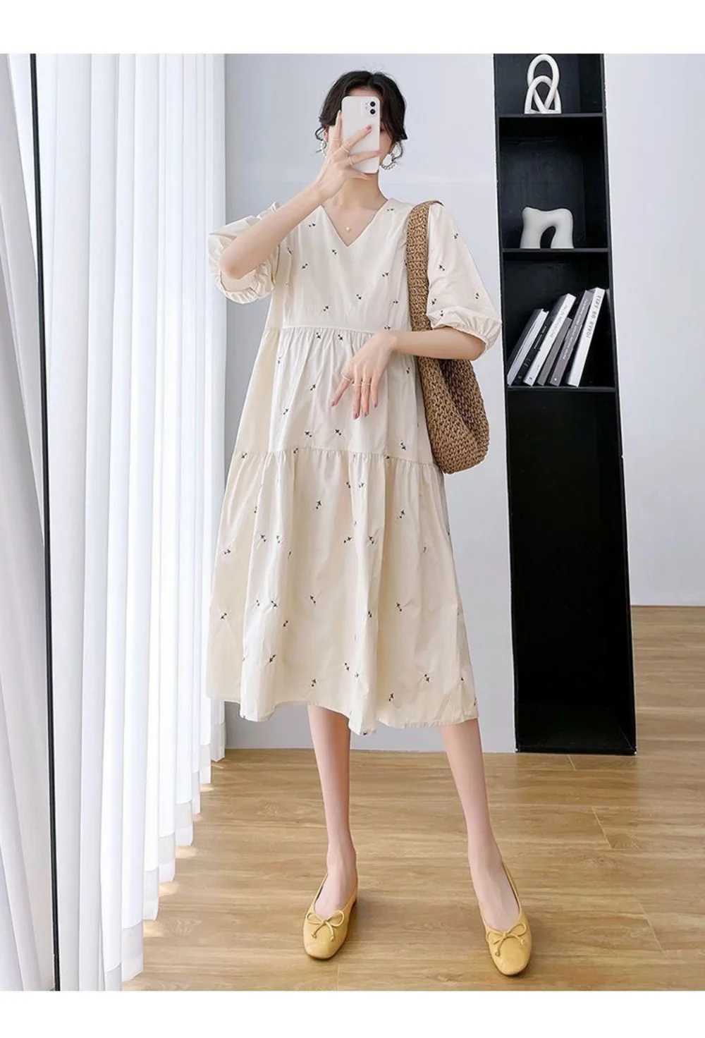 2023 Summer Korean Fashion Maternity Long Dress Elegant Party A Line Short SleeveClothes for Pregnant Women Ins PregnancyT250311