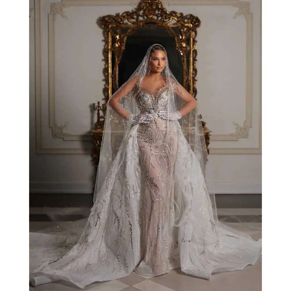 Beading v neckline mermaid sexy dress sequins lace arabic sleeveless custom wedding dresses