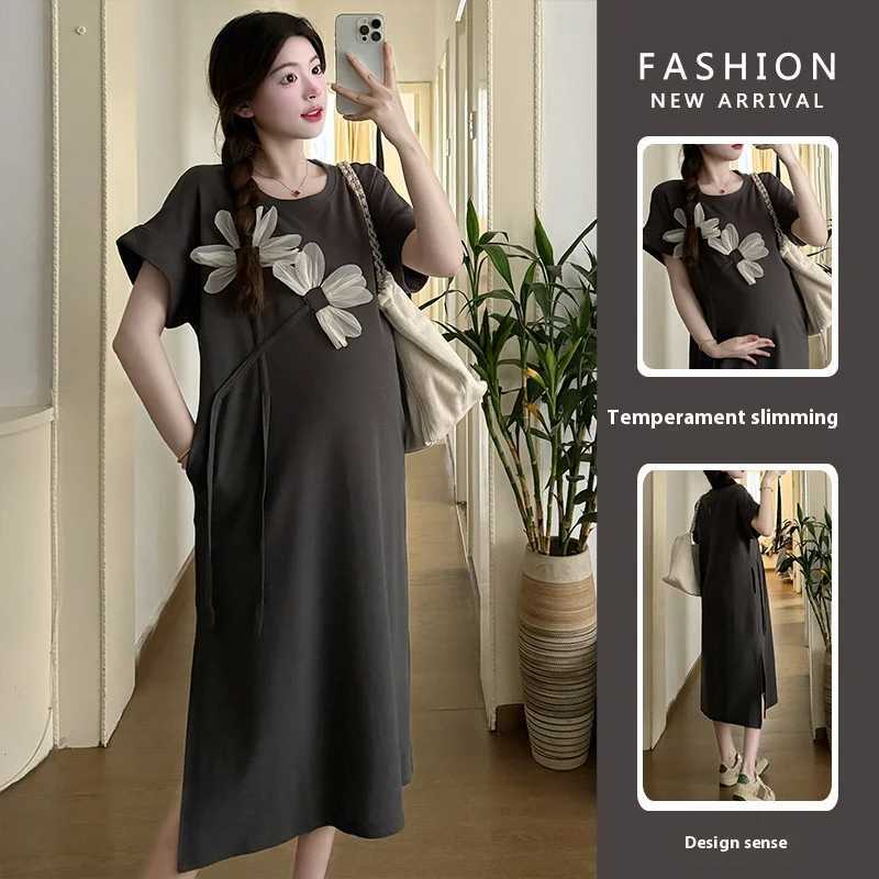 New Maternity Fashion Dresses Summer Maternity Senior Fashion Sense Ageing Mid-Length Short-Sleeved Loose Casual DressesT250311