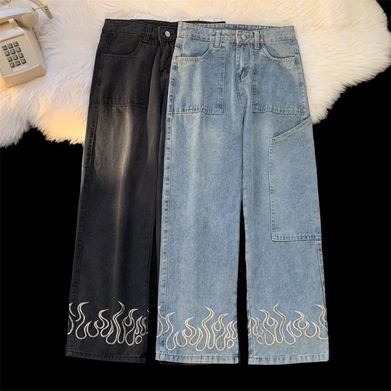 Y2K retro flame printed mens jeans loose streetwear wide leg denim Trousers hiphop fashion straight pants 250311