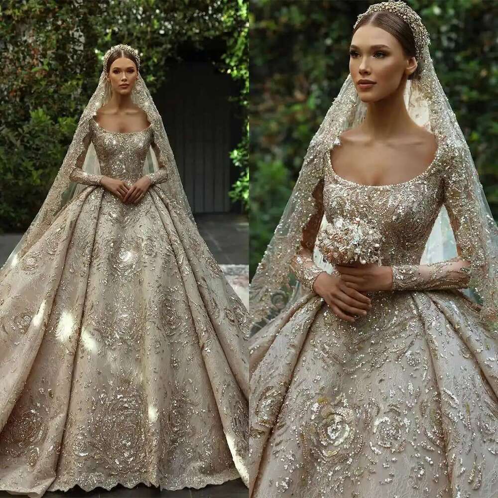 uoso sequin dresses ball gown spoon neck pure sleeve beads sequins wedding dress custom