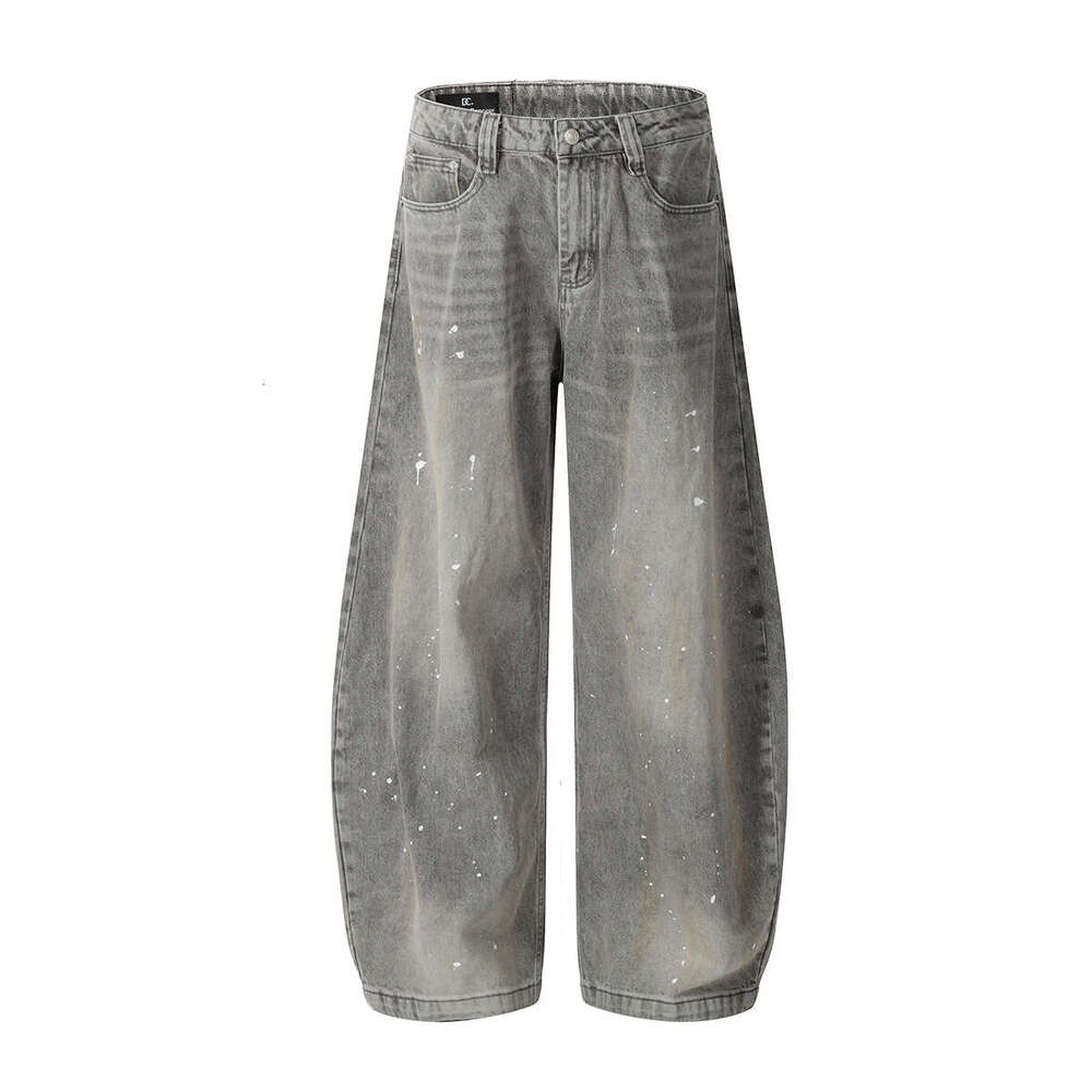 Jiayiku Men's 2025 New American High Street Inkjet Washed Curved Knife Jeans Vibe Wide Leg Pants