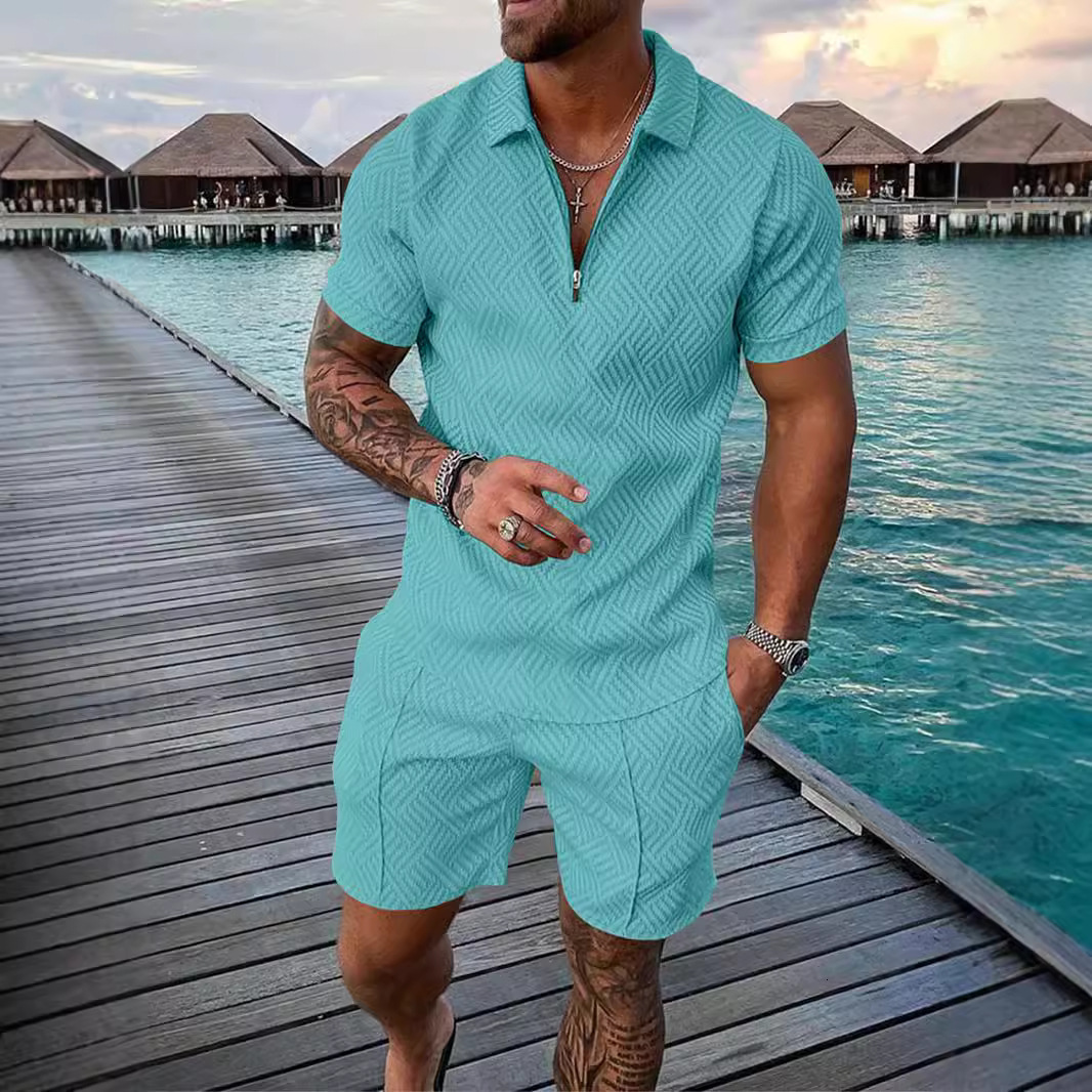2024 mens new casual contrasting POLO zipper lapel shirt short sleeved set