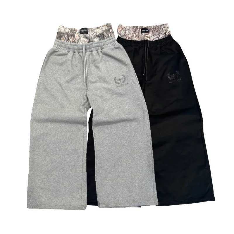 Mens Y2K Retro Sports Pants Double Cuffs Embroidered Camouflage Pattern Unisex Loose Pants Wide Leg Pants Trendy Casual StreetT250311