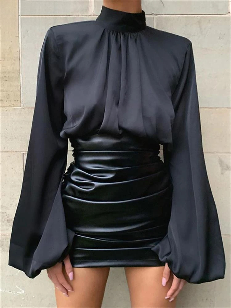 hoodie Shestyle White Satin Lantern Sleeve Blouse Office Lady Spring Solid Shine Loose Sexy Short Crop Tops Women High Waist Work Shirt jacket