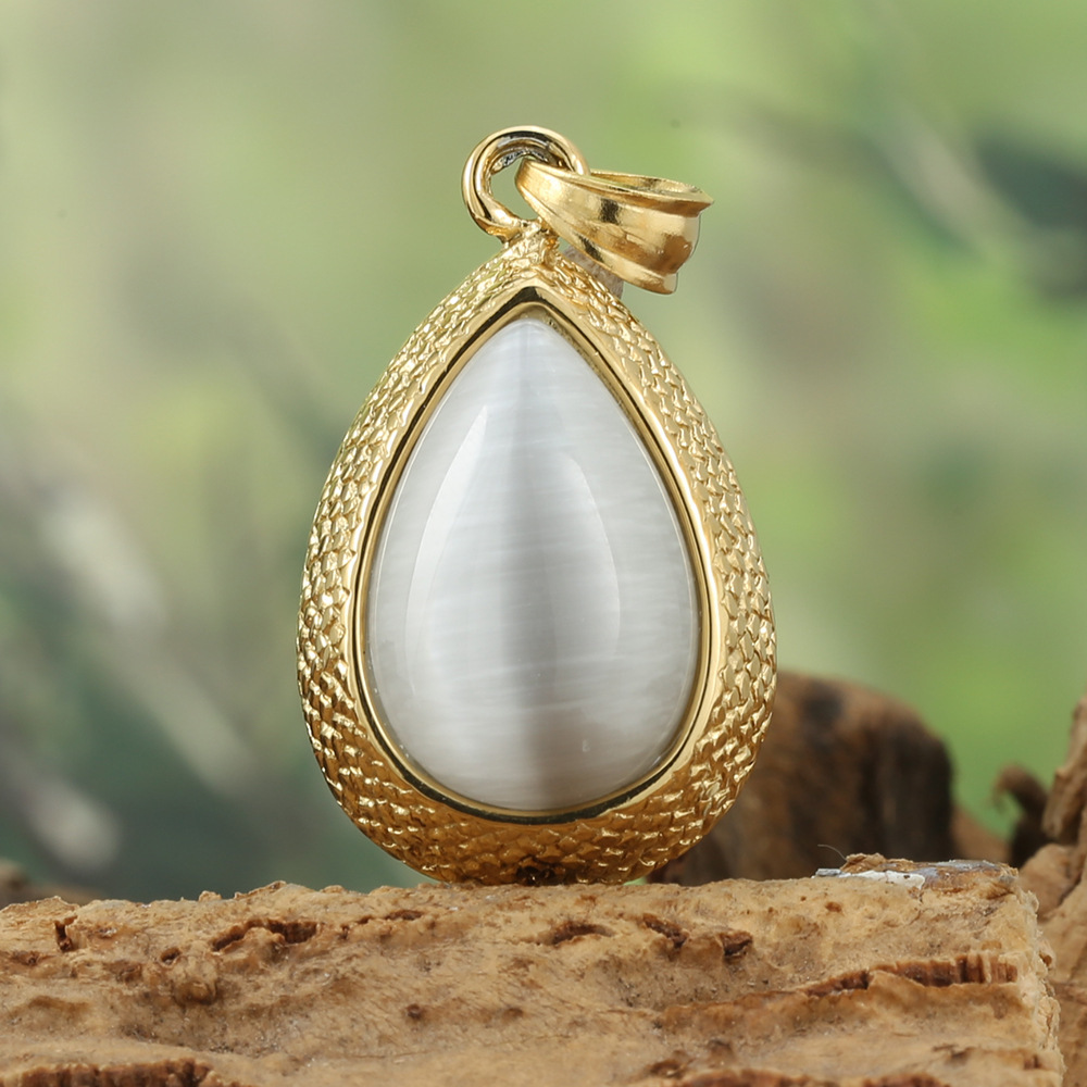 Classic Stainless Steel Cat Eye Stone Waterdrop Pendant Necklace Sweater Chain