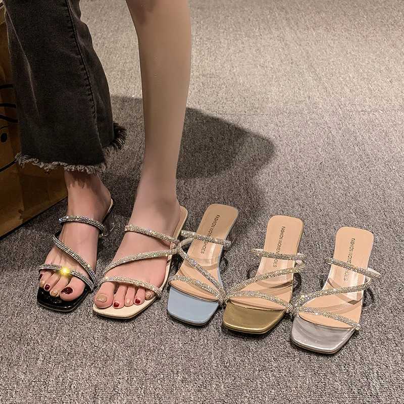 Rhine Sandals Womens Shoes 2024 Summer Trend Fi Square Toe Crystal Heel Slippers Simple Shiny Vai With SkirtXJ250311