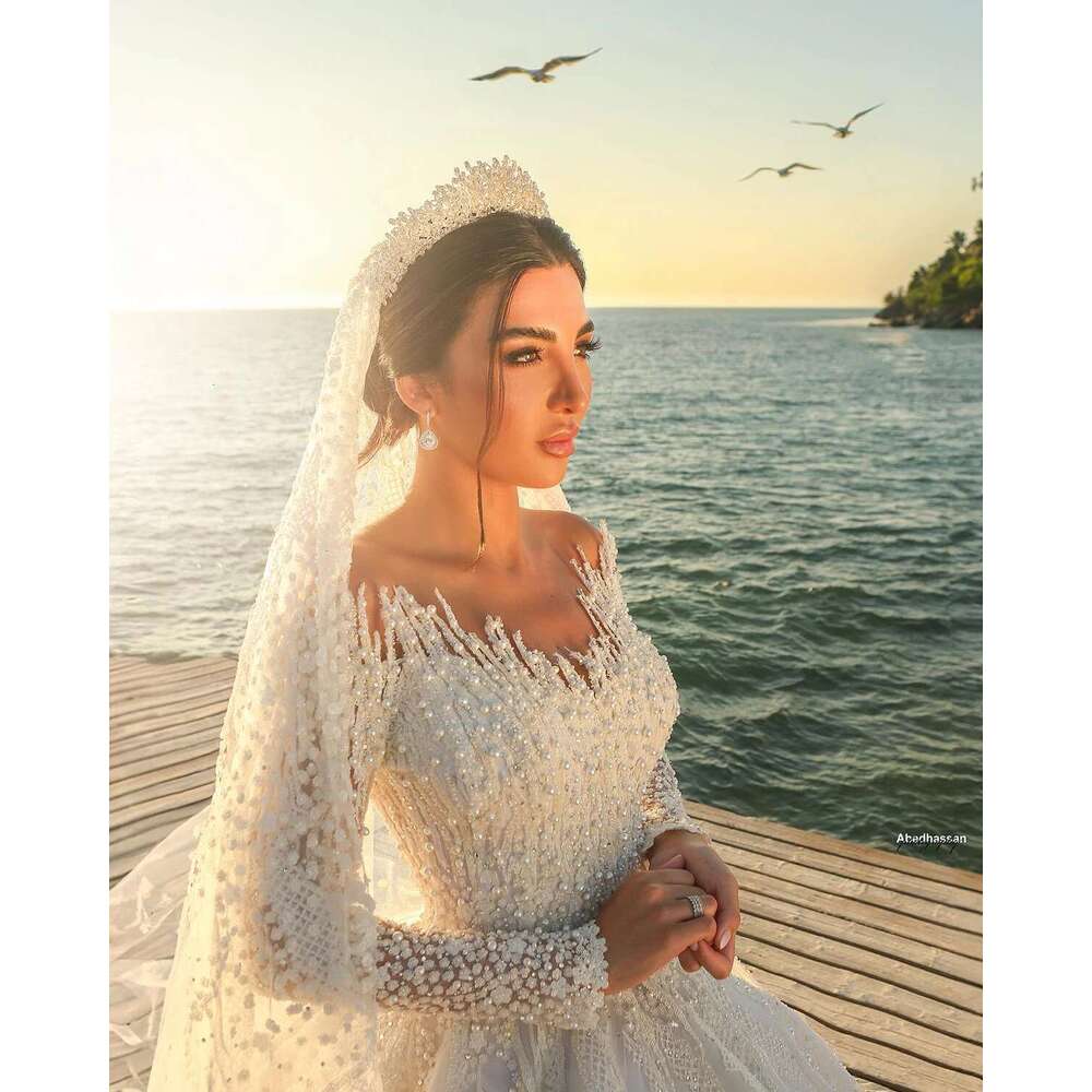 Long Sleeve Laces Beading Bridal Dresses, Royal Sexy Ball Gown, Glitter V Neck, Custom Made Dress