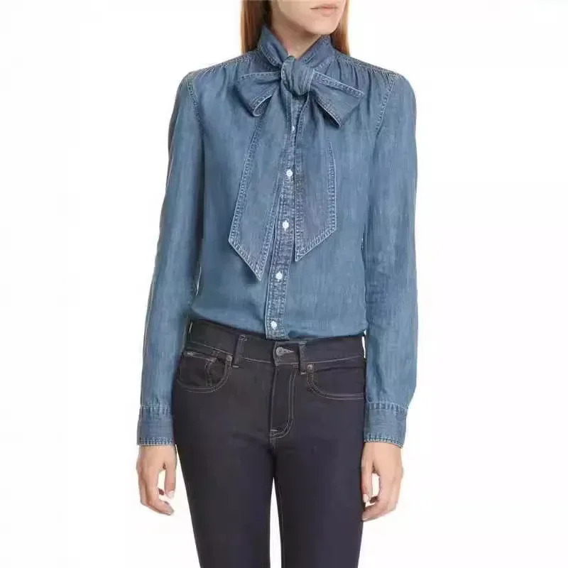 casual denim shirt with scarf neckline long sleeve lapel womens from Chinese Mainland fashionable and comfortable 250311