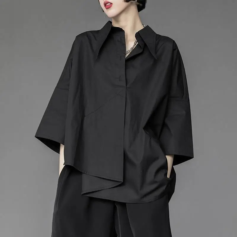 Women Men Shirt Three Quarter Sleeve Blouse Irregular Hem Singlebreasted Solid Color Korean Loose Lapel Summer Spring Top 250311