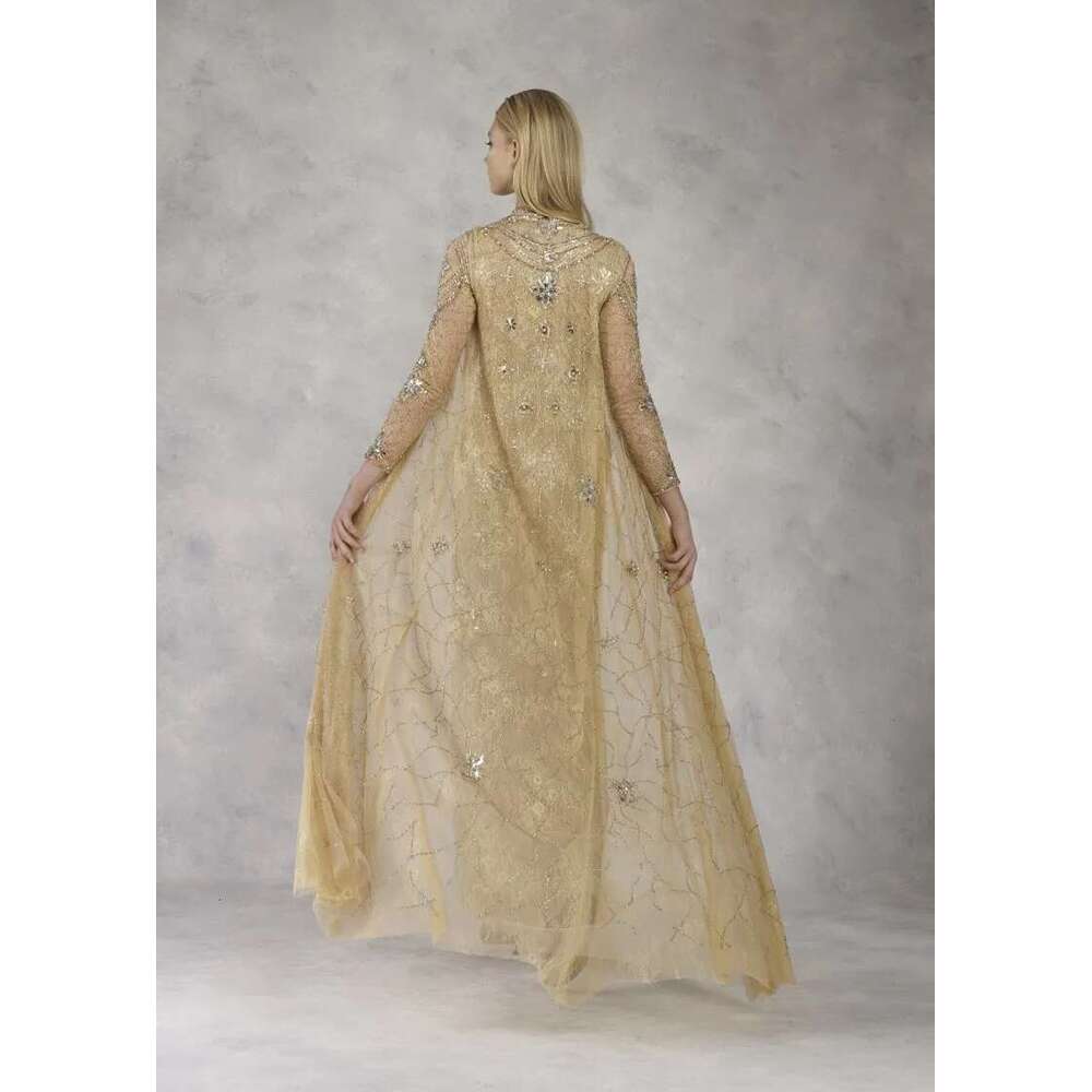 Mother of the Bride Dress in Gold and Lace Application with Cover, Beaded Bridal Dress, Plus Size, 2020