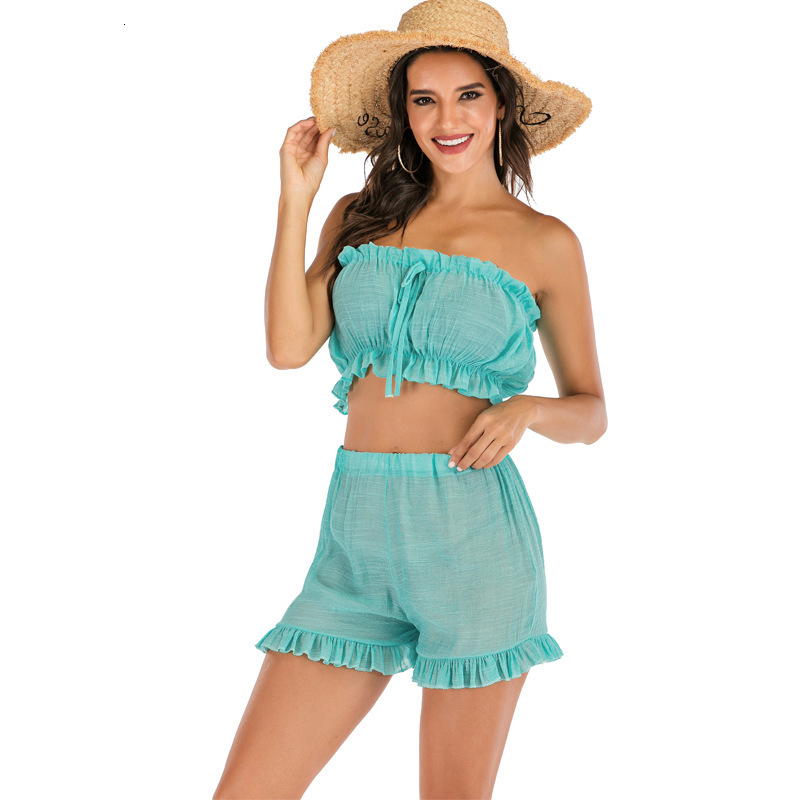 Fashion Women's With Bow Tie, Elastic Rope, Fungus Lace, Chest Wrapped, Strapless Shorts, Two-Piece Set