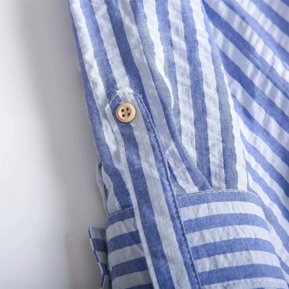 Summer Product Womens Casual Collar Curled Edge Long Sleeve Linen Blended Striped Dress Shirt 250310