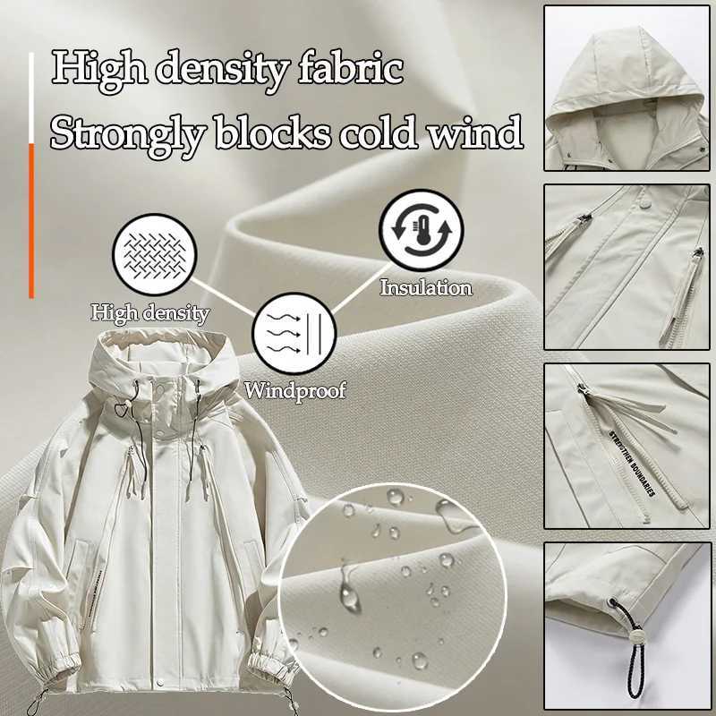 Autumn Jacket Mens Fashion Hooded Windproof Waterproof Couple Outdoor Camping Solid Color Pocket Casual Jacket Large Size L-9XLT250311