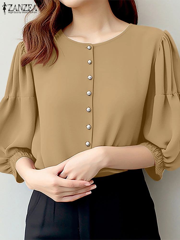 ZANZEA Elegant 34 Lantern Sleeve Work Blouse Office Women Tops Summer Fashion Shirt Casual O Neck Buttons Holiday Blouses 250311