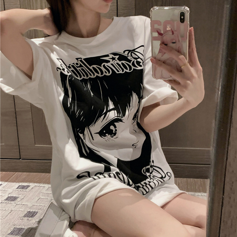 2025 summer new white oversized loose cotton short sleeved designer women's T-shirt trendy brand printed medium to long length top1