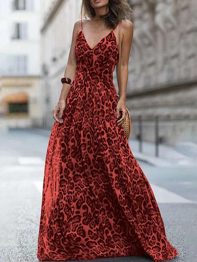 Sexy V Neck Leopard Print Sg Summer Elegant Off Shoulder Long Party Fashion Women Wrap Waist Slim Robe Dress
