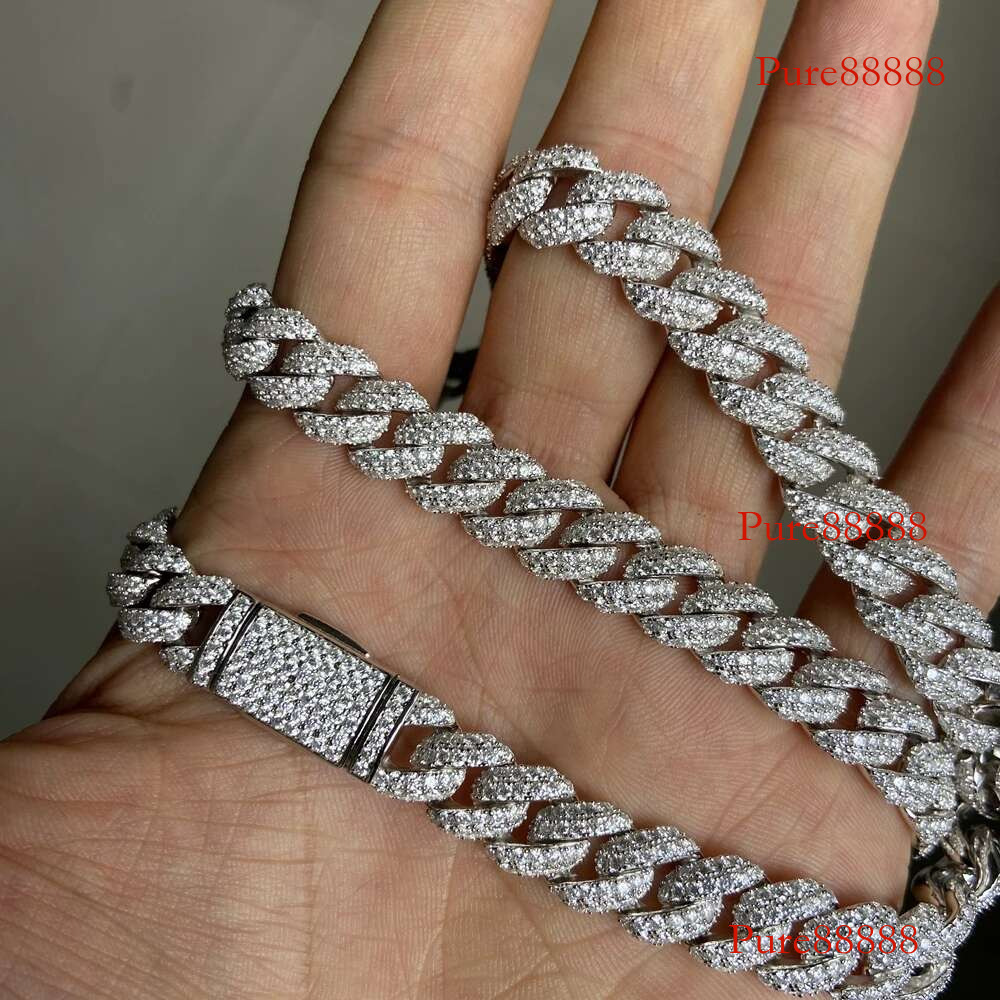 Meisidian 6 - 24 Inches 10mm Width Sliver Full White Moissanite Dia Yellow Gold Plated Cuban Party Man Necklace