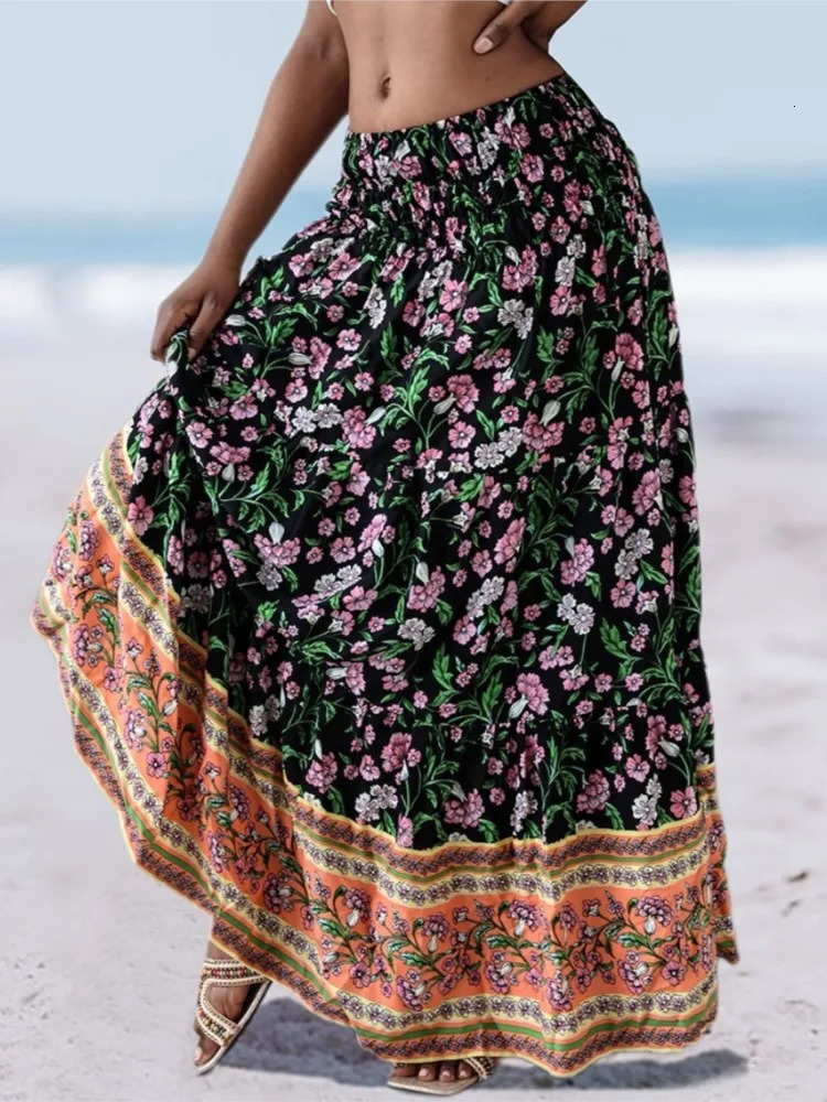 Summer Bohemian printed womens leather elegant high waisted pleated long skirt casual beach style fashionable clothing 250311