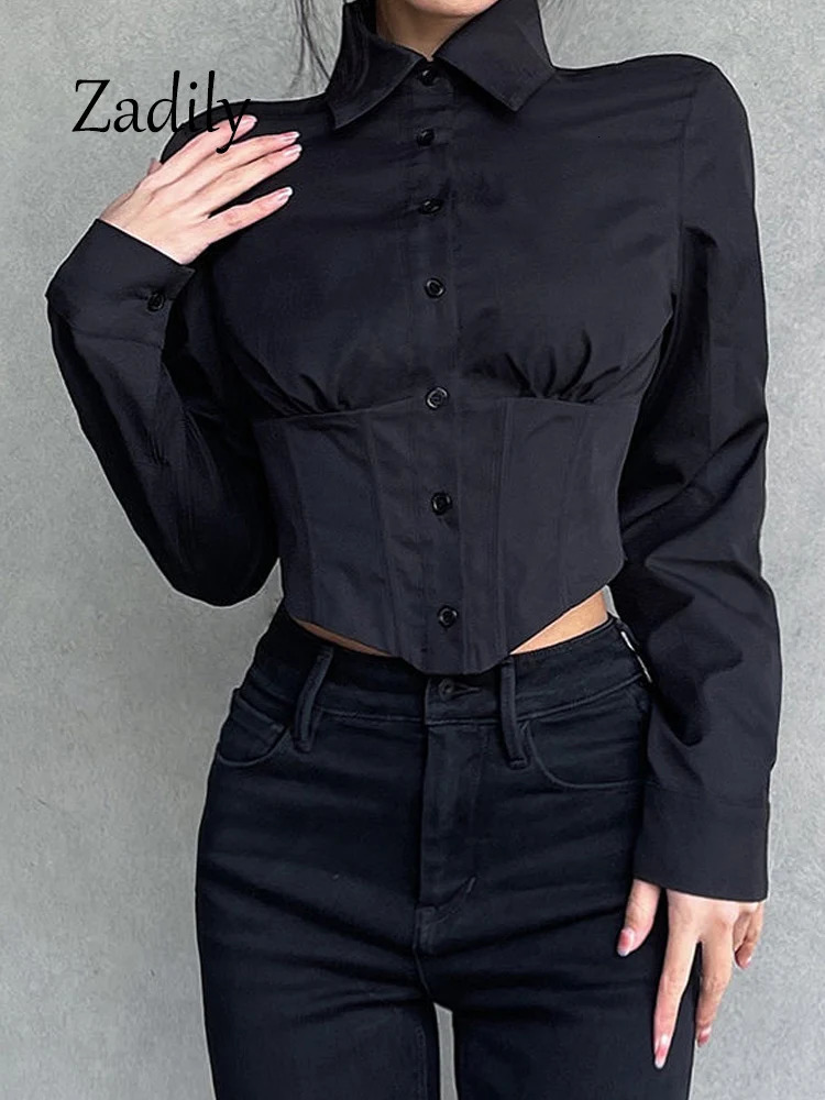 Spring Sexy Long Sleeve Women White Shirt Blouse Korea Style Button Up Slim Waist Y2K Crop Tops Female Cardigan Clothing 250311