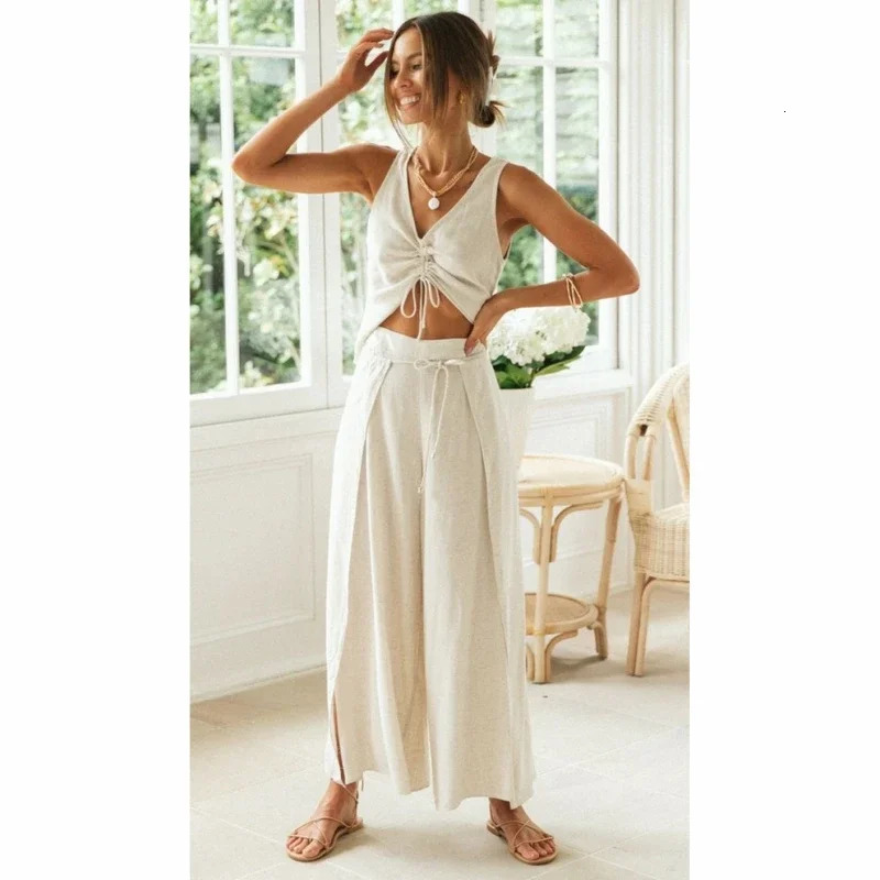 Casual Fashion Two Piece Set Women Cotton Linen Drawstring V Neck Crop Top Split Lace Up Pant Wide Leg trousers women 250306