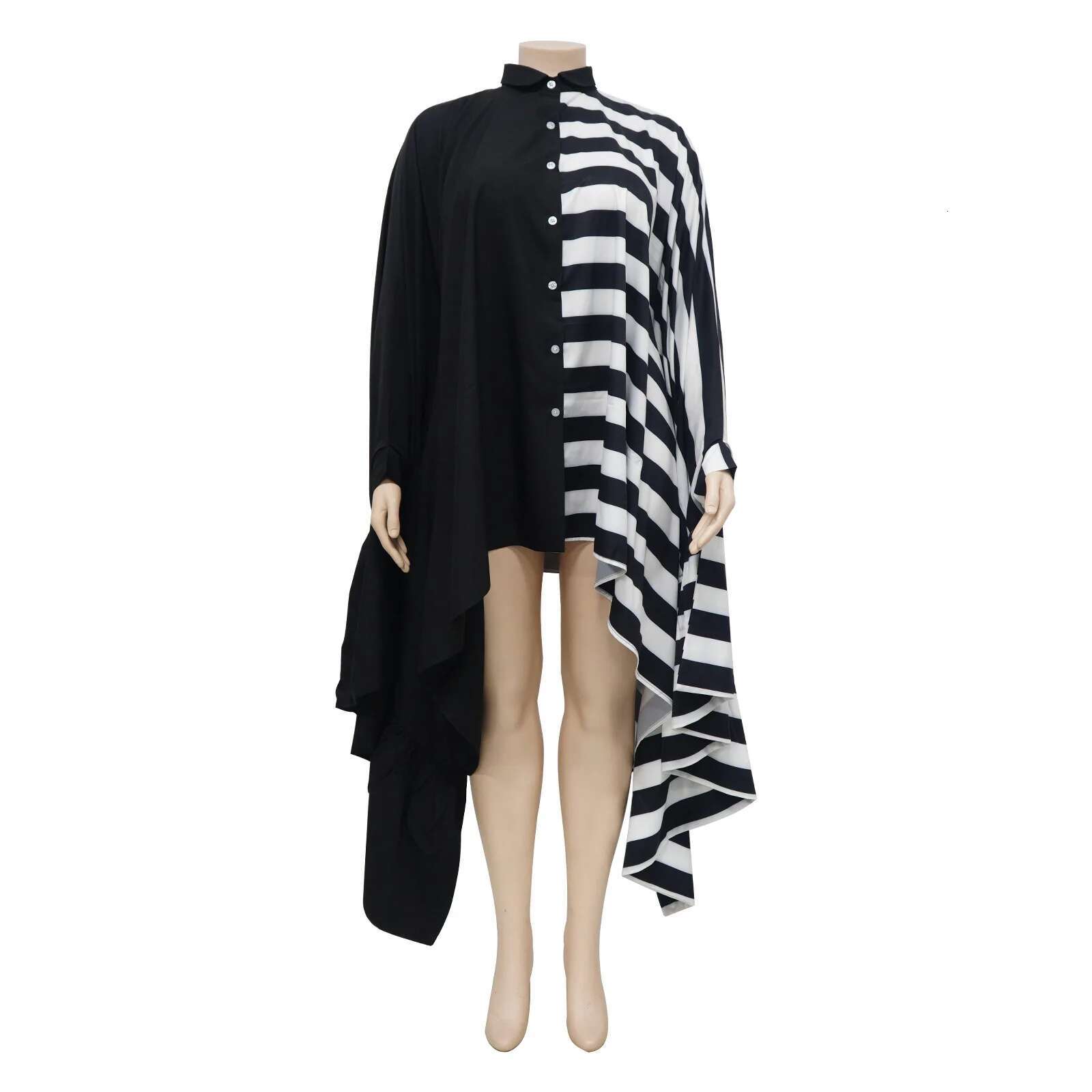 Cm.Yaya Women Striped Patchwork Ruffles Hem Batwing Long Sleeve Loose Shirt Dress 2023 Autumn Winter Fashion Dresses Vestidos
