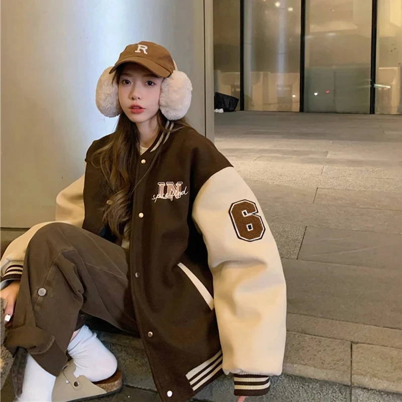 Y2k Varsity Bomber Jacket Women Red Brown Korean Fashion Winter Coat Vintage Baseball Jackets Hip Hop Streetwear Outerwear 250213